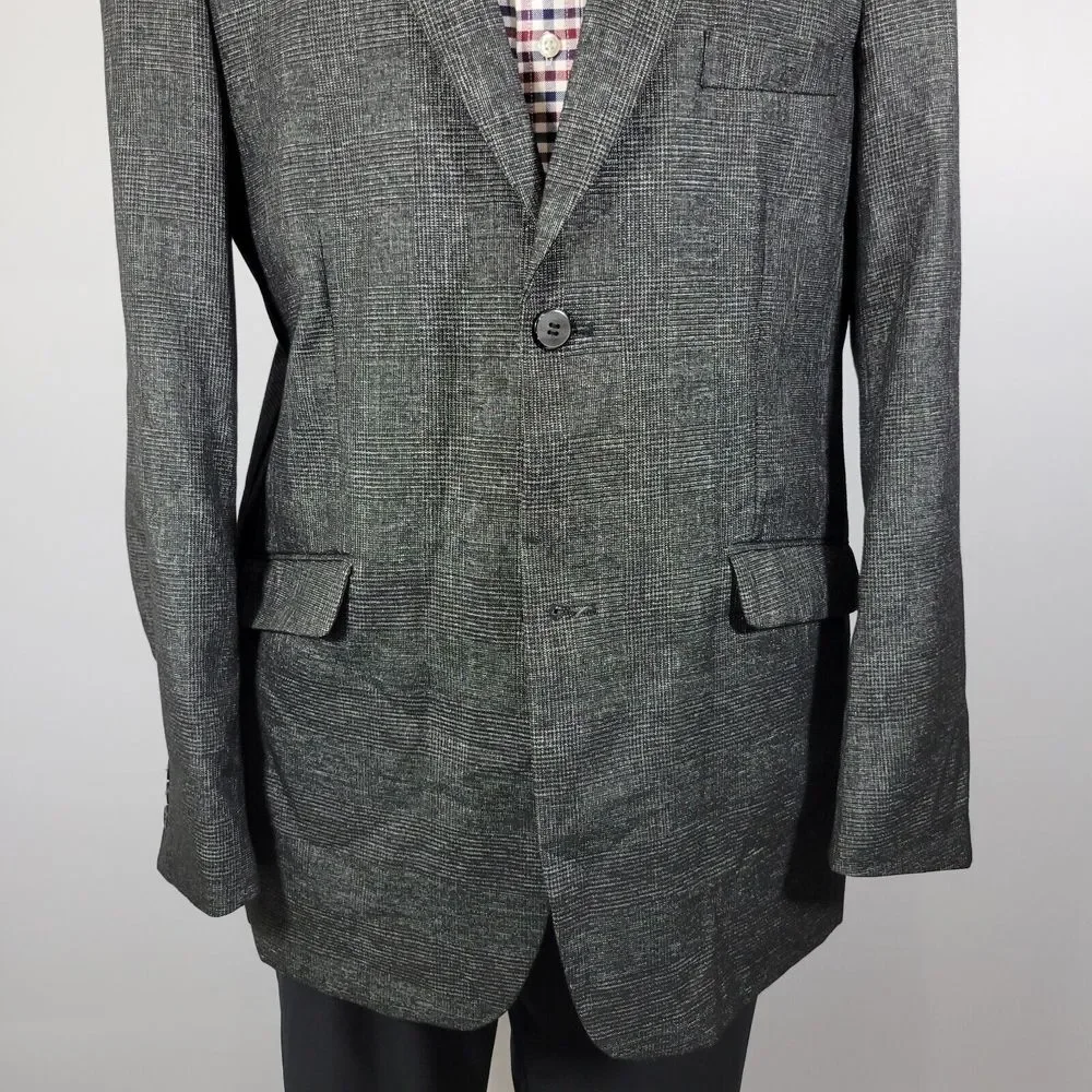Stacy Adams Men's Sport Coat Blazer Two Button Charcoal Black Gray Plaid‎ 44L